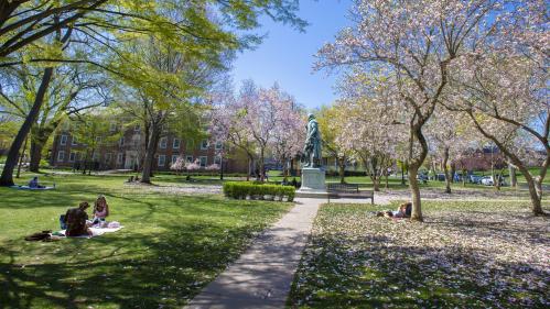 Voorhees Mall on Rutgers–New Brunswick campus surrounding statue of Willie the Silent on an early spring day.