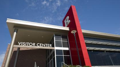 A close-up view of the front of Rutgers Visitor Center