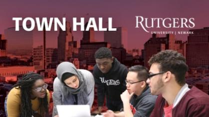 A digital flyer for a town hall event showing students around a computer