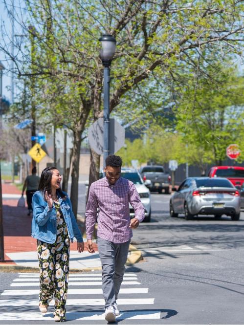 two students walking on campus at Rutgers–Camden