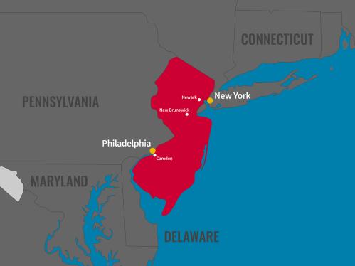 Map of New Jersey showing Rutgers' proximity to New York City and Philadelphia